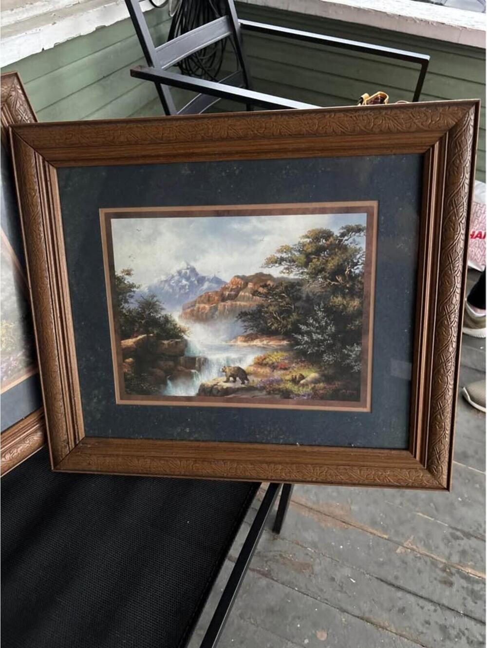 Framed Mountain Waterfall Bear Art Print